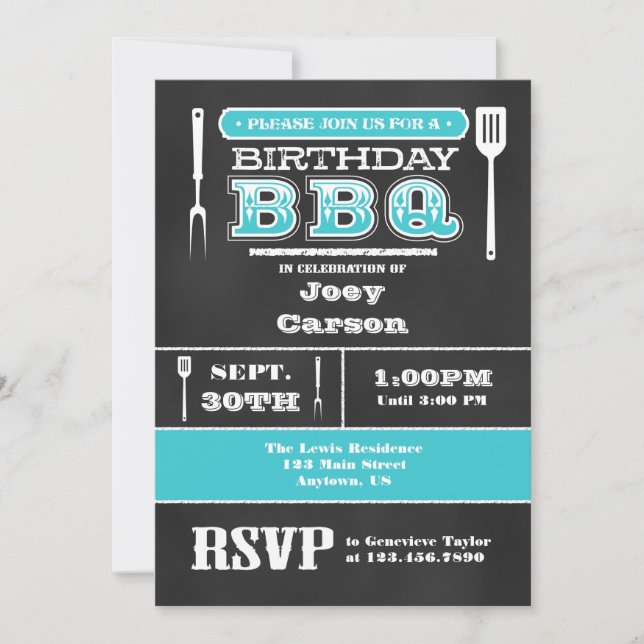 Turquoise BBQ Birthday Chalkboard Invitation (Front)