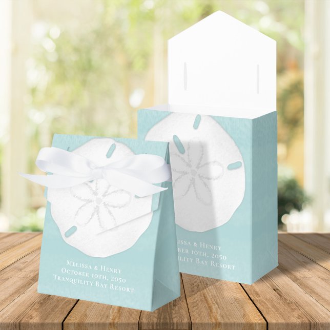 Turquoise Beach Coastal Tropical Sand Dollar Favour Box (Beach tropical wedding sand dollar favor box with bride and groom initial monogram.)