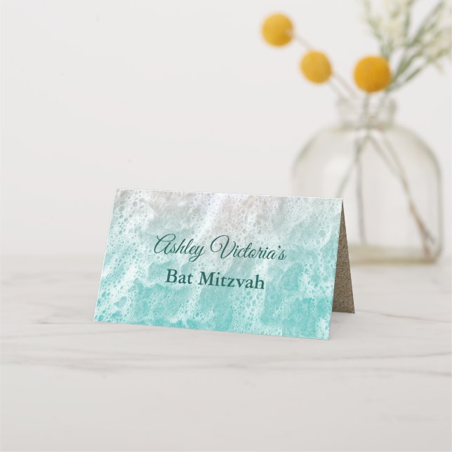 Turquoise Beach Waves Bat Mitzvah Folded Place Card (Back)