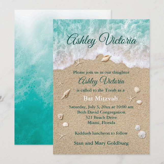 Turquoise Beach Waves Bat Mitzvah Invitation (Front/Back)