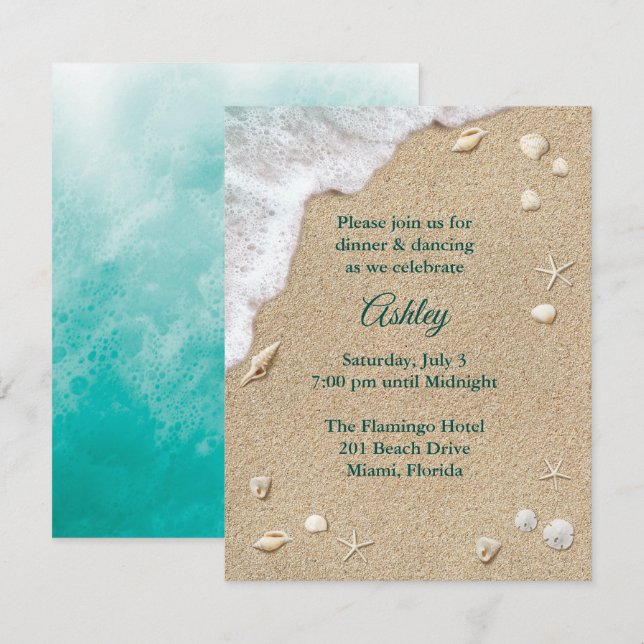 Turquoise Beach Waves Bat Mitzvah Reception Invitation (Front/Back)
