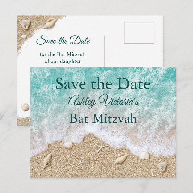 Turquoise Beach Waves Bat Mitzvah Save the Date Invitation Postcard (Front/Back)