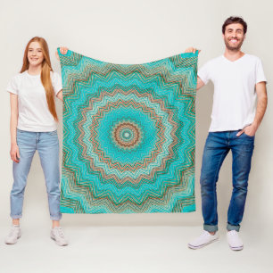 Turquoise, beige circular pattern. Mandala. Fleece Blanket