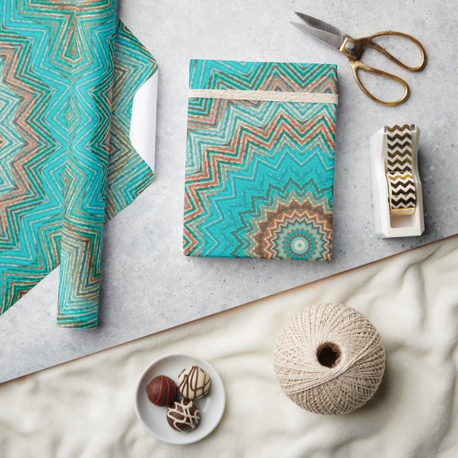 Turquoise, beige circular pattern. Mandala. Wrapping Paper (Crafts)