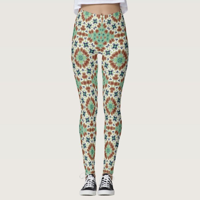 Turquoise beige colourful kaleidoscope ornament  leggings (Front)