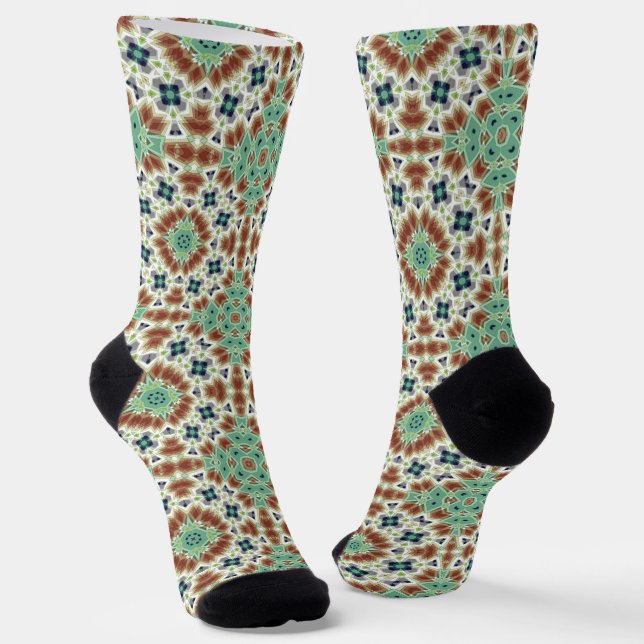 Turquoise beige colourful kaleidoscope ornament  socks (Angled)