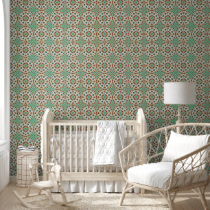 Turquoise beige colourful kaleidoscope ornament wallpaper