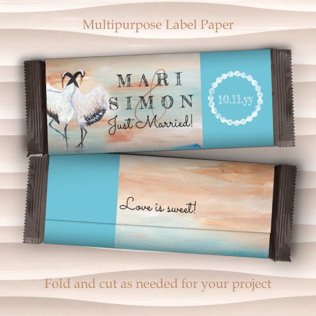 Turquoise Beige Tancho Crane Wedding Candy Wrapper (sienna beige cyan turquoise wedding personalized chocolate candy bars wrappers labels just married)