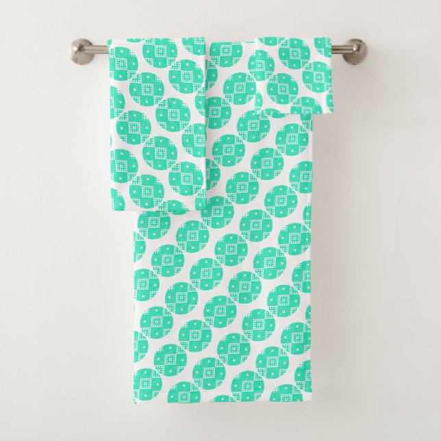 Turquoise Belarus Folk Pattern Bath Towel Set (Insitu)