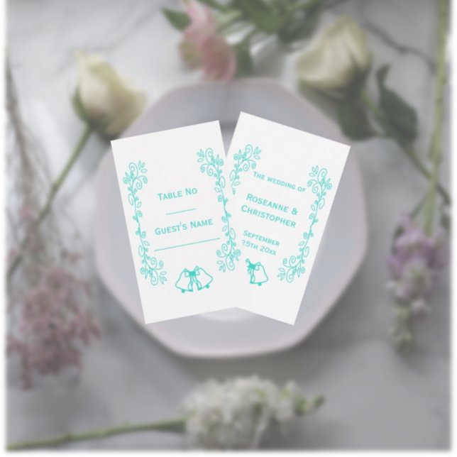Turquoise Bells Scrollwork Design Wedding Place Card (Turquoise wedding place setting card bells and scrollwork design)
