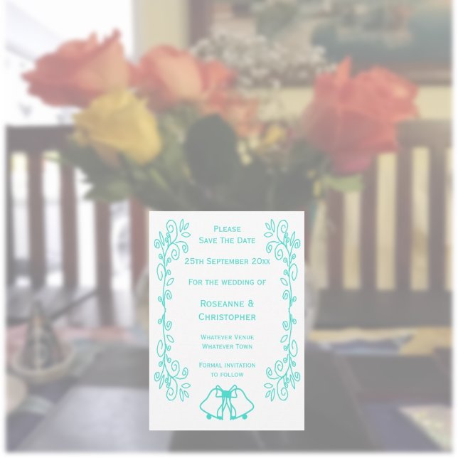 Turquoise Bells Scrollwork Design Wedding Save The Date (Turquoise wedding save the date card bells and scrollwork design)