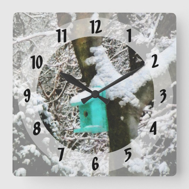 Turquoise Birdhouse in Winter Square Wall Clock (Front)