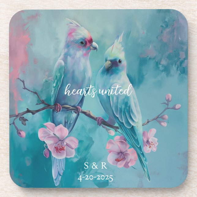 Turquoise Birds Hearts United Hard plastic coaster (Front)
