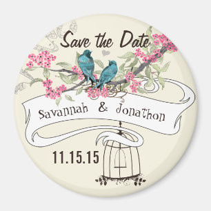 Turquoise Birds Pink Cherry Blossom Save the Date Magnet