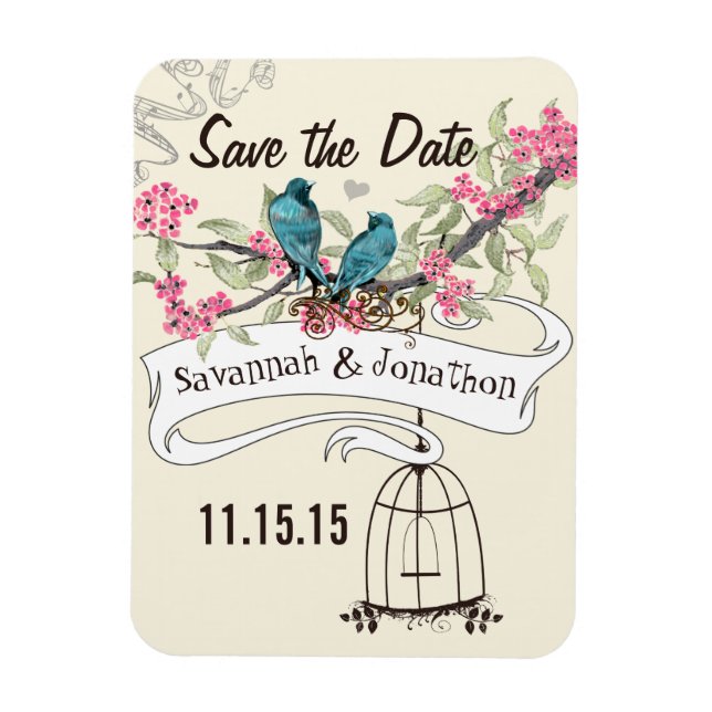 Turquoise Birds Pink Cherry Blossom Save the Date Magnet (Vertical)
