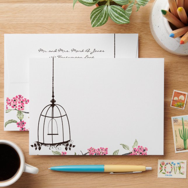 Turquoise Birds Pink Cherry Blossoms Birdcage Envelopes (Desk)