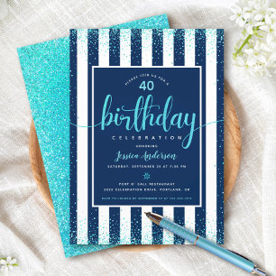 Turquoise birthday glitter script navy custom year invitation