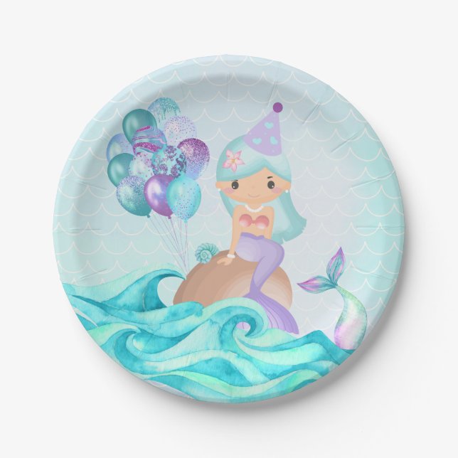 Turquoise Birthday Mermaid Purple Under the Sea Paper Plate (Front)