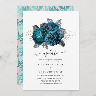 Turquoise, Black and Silver Floral Wedding Update Invitation