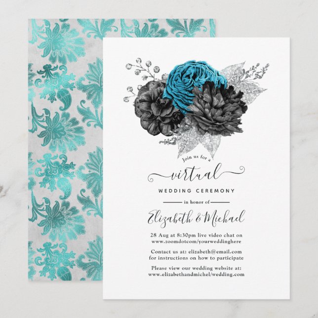 Turquoise, Black and Silver Virtual Wedding Invitation (Front/Back)