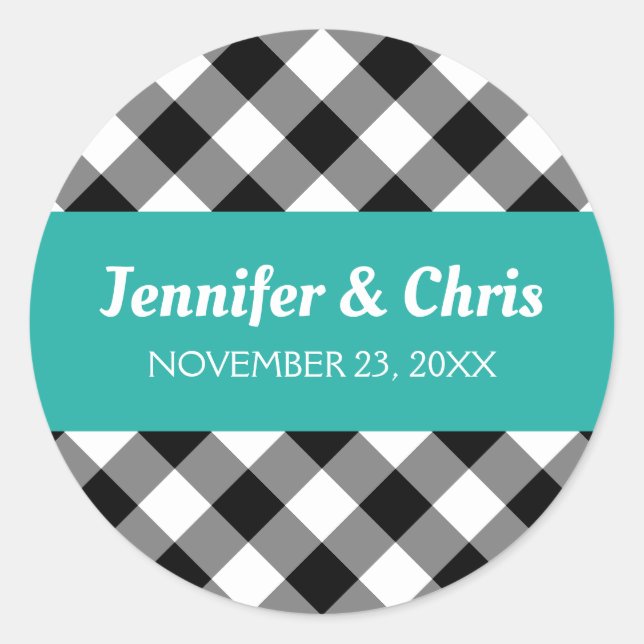 Turquoise Black and White Buffalo Plaid Wedding Classic Round Sticker (Front)