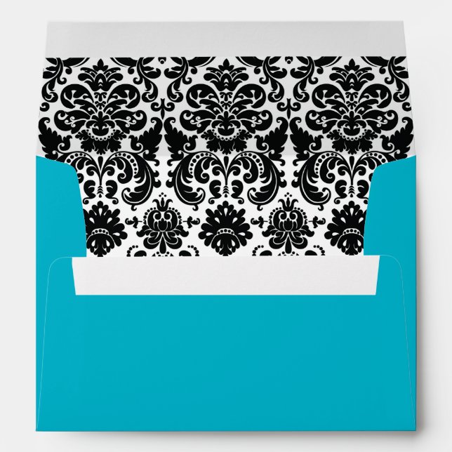 Turquoise, Black and White Damask Wedding Envelope (Back (Bottom))