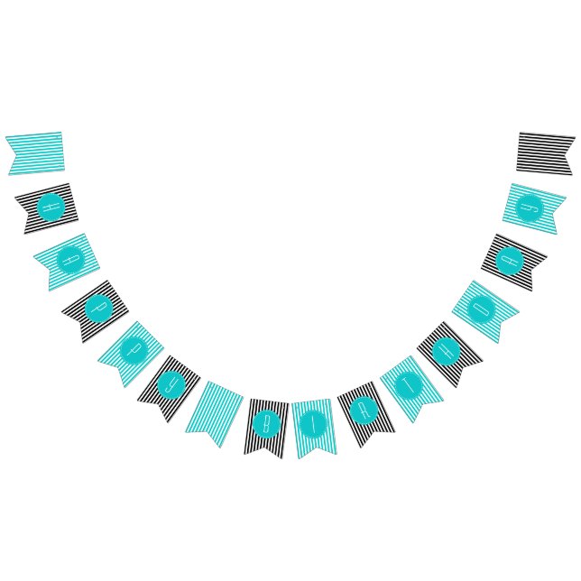 Turquoise black and white stripes Happy Birthday  Bunting (All)