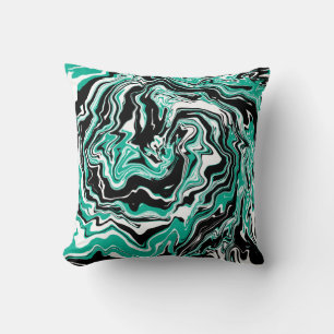 Turquoise, Black and White Swirls Marble like  Cushion