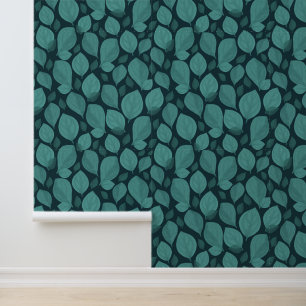 Turquoise Black Basil Leaves Leaf Pattern Wallpaper