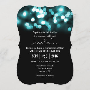 Turquoise Black Bokeh Lights Wedding Invites
