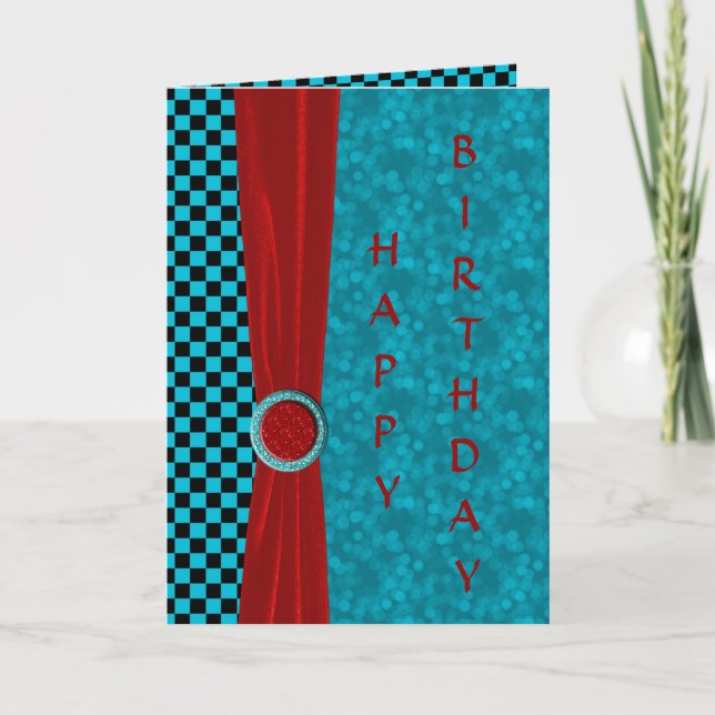 Turquoise Black Checks & Red Happy Birthday Card (Front)