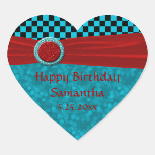 Turquoise Black Checks & Red Heart Sticker