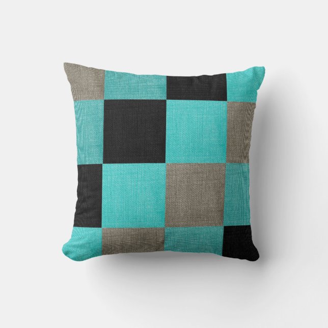 Turquoise & Black Chequerboard Pillow (Front)