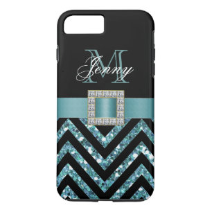TURQUOISE BLACK CHEVRON GLITTER GIRLY iPhone 8 PLUS/7 PLUS CASE