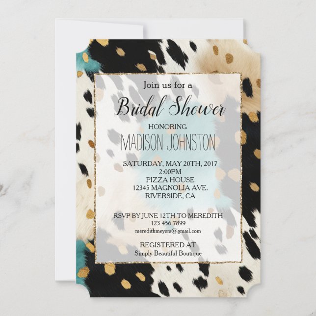 Turquoise Black Cream Gold Western Cowgirl Cowhide Invitation (Front)