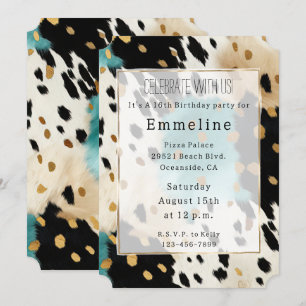 Turquoise Black Cream Gold Western Cowgirl Cowhide Invitation