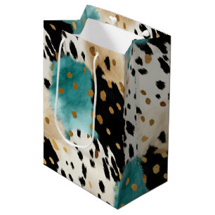 Turquoise Black Cream Gold Western Cowgirl Cowhide Medium Gift Bag