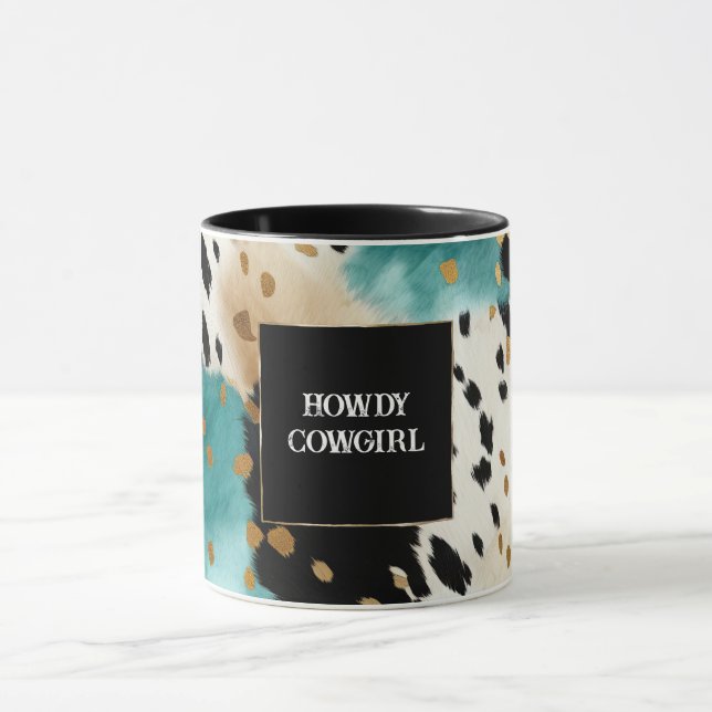 Turquoise Black Cream Gold Western Cowgirl Cowhide Mug (Center)