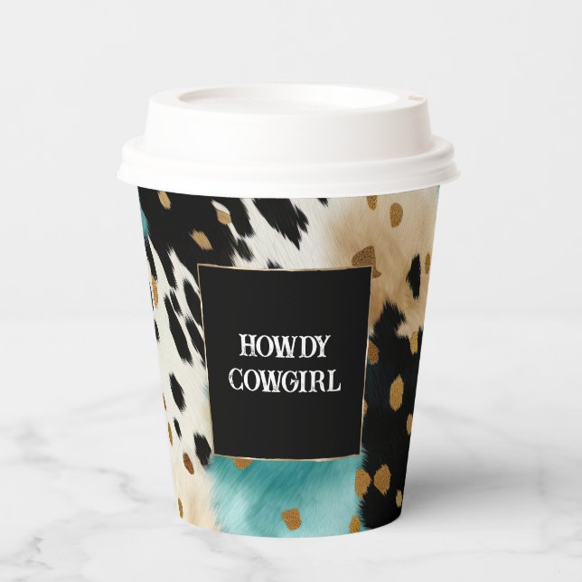 Turquoise Black Cream Gold Western Cowgirl Cowhide Paper Cups (Front)