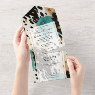 Turquoise Black Cream Gold Western Cowhide All In One Invitation