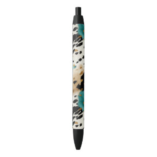 Turquoise Black Cream Gold Western Cowhide Black Ink Pen