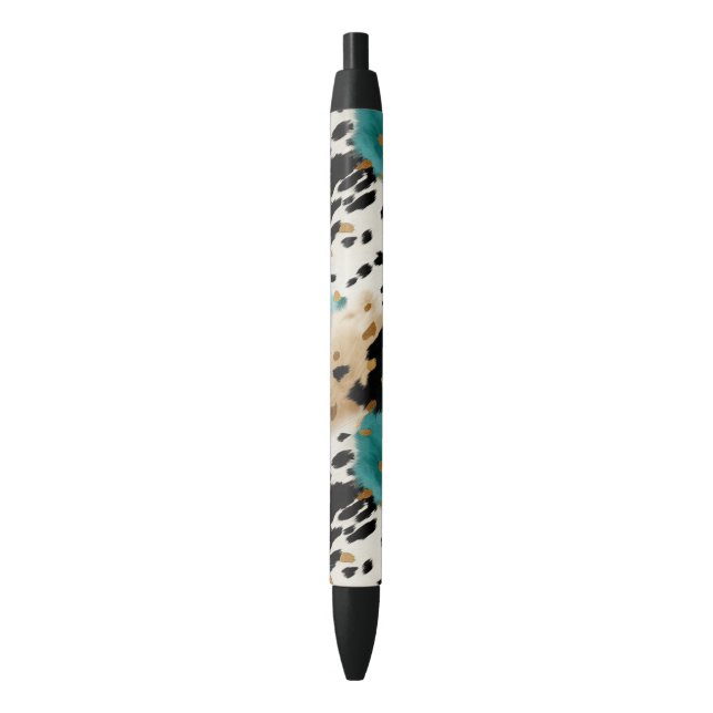 Turquoise Black Cream Gold Western Cowhide Black Ink Pen (Front Vertical)