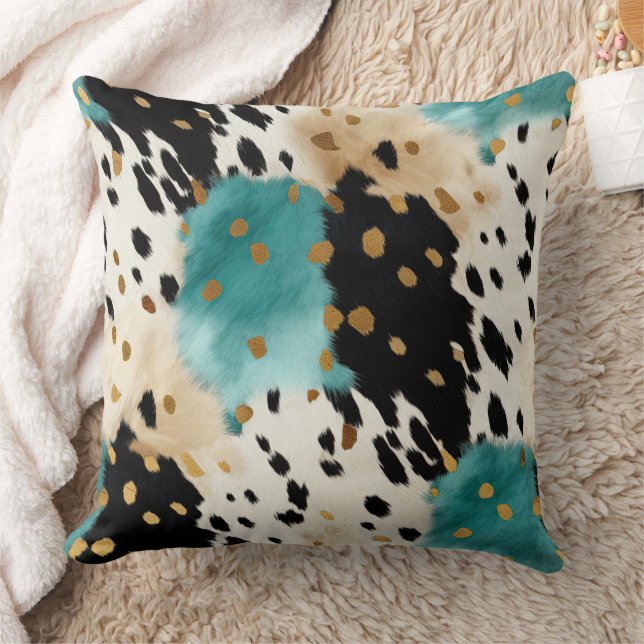 Turquoise Black Cream Gold Western Cowhide Cushion (Blanket)