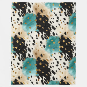 Turquoise Black Cream Gold Western Cowhide Fleece Blanket