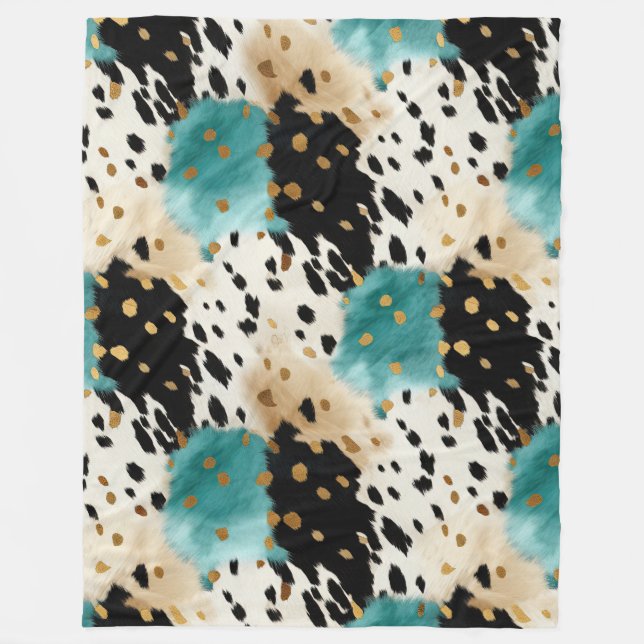 Turquoise Black Cream Gold Western Cowhide Fleece Blanket (Front)
