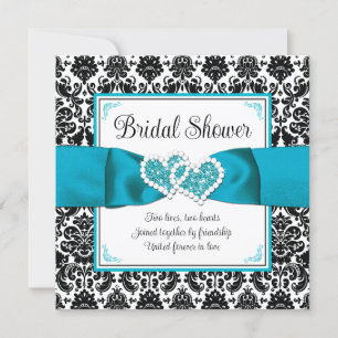 Turquoise, Black Damask Love Hearts Bridal Shower Invitation