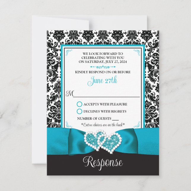 Turquoise, Black Damask Love Hearts RSVP Card (Front)