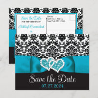 Turquoise, Black Damask Love Hearts Save the Date