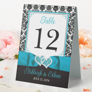 Turquoise, Black Damask Love Hearts Wedding