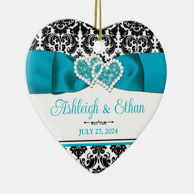 Turquoise, Black Damask Love Hearts Wedding Ceramic Tree Decoration (Right)